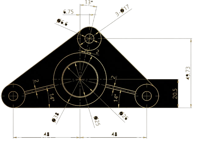 Technical drawing — dimensioned isometric part